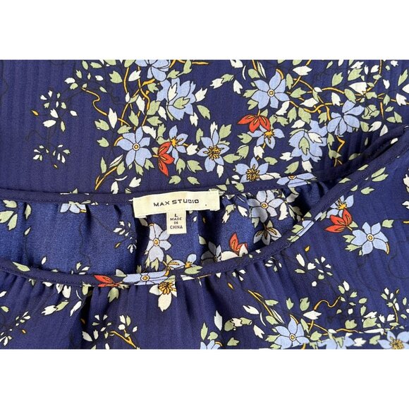 MAX STUDIO XL Navy-Blue Floral Pleated Blouse Long Bell Sleeves Boho Peasant - Picture 5 of 10